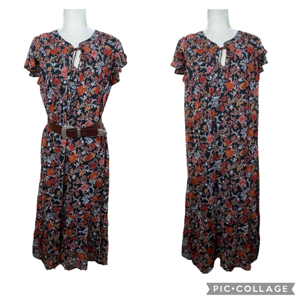 NWT! Cloth & Portrait Boutique Black & Rust Floral MIDI Shift Dress Size Large